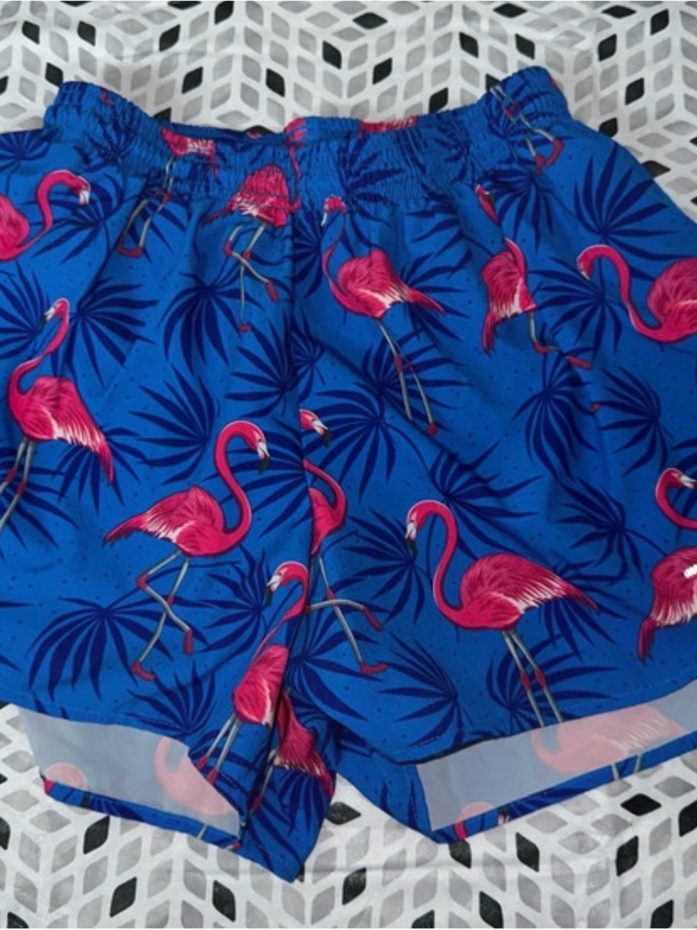 Women’s Athletic Shorts with Pink Flamingo Print - Blue